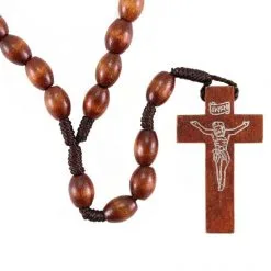 Rosario In Legno Scuro E Corda Grani Ovali Grano 6x10 Mm