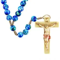 Rosario Blu Con Crocifisso In Legno Colorato Grano 8 Mm