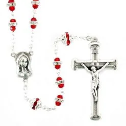 Rosario Vetro Rosso Con Strass Grano 6x7 Mm