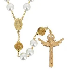 Rosario Dorato Perla Bianca Grano 12 Mm